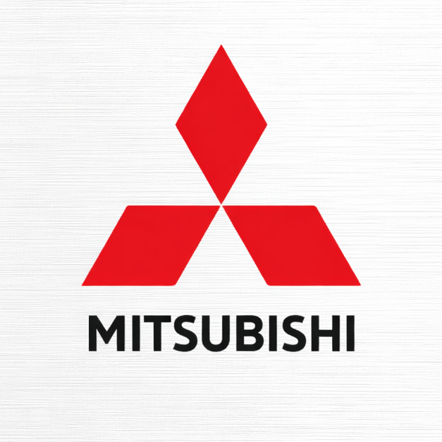 Logotipo de Mitsubishi con tres diamantes rojos sobre fondo blanco.